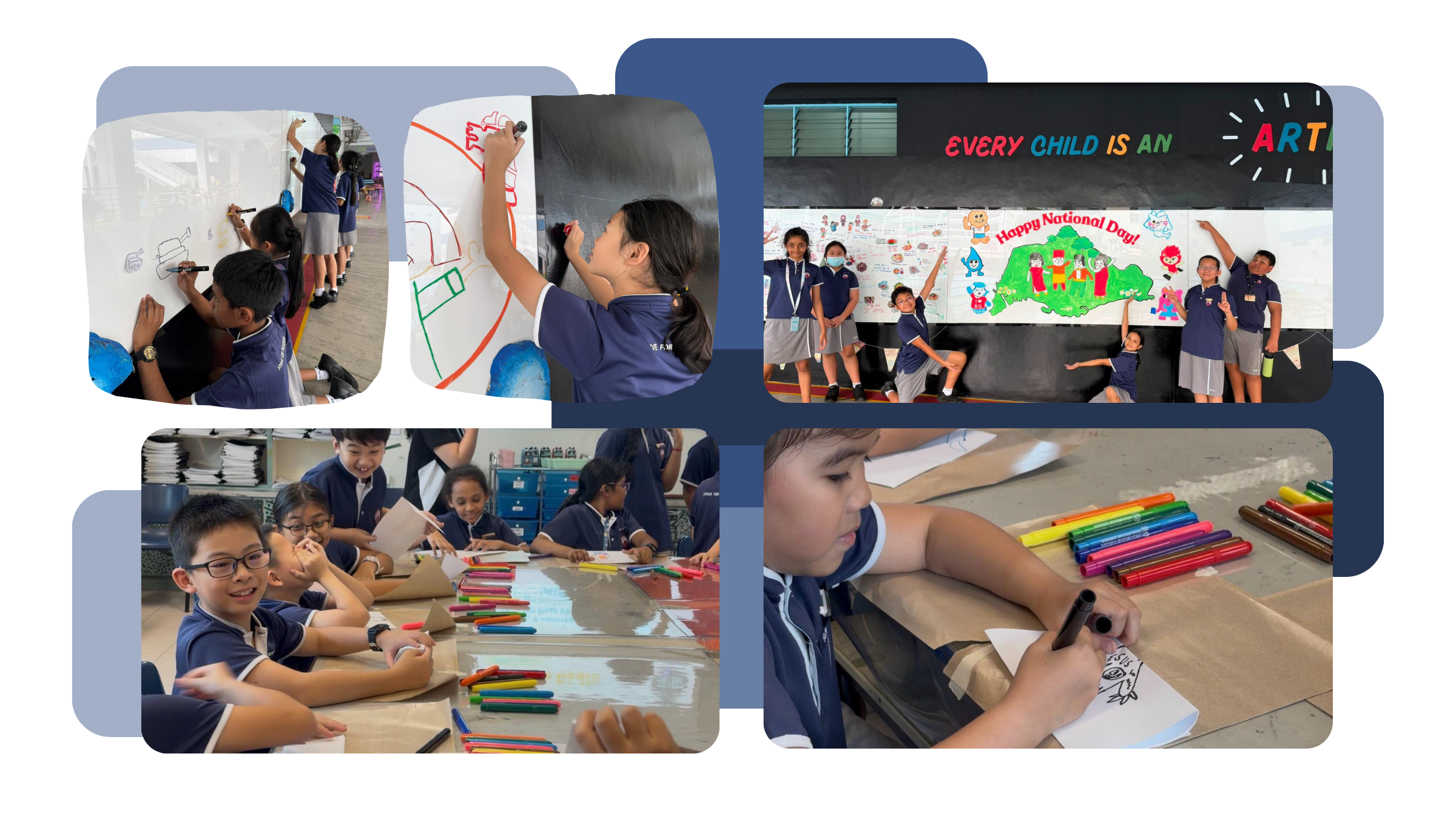 Art Club students drawing on a collaborative wall, posing by a Happy National Day mural, and guiding younger students in hands-on art activities.